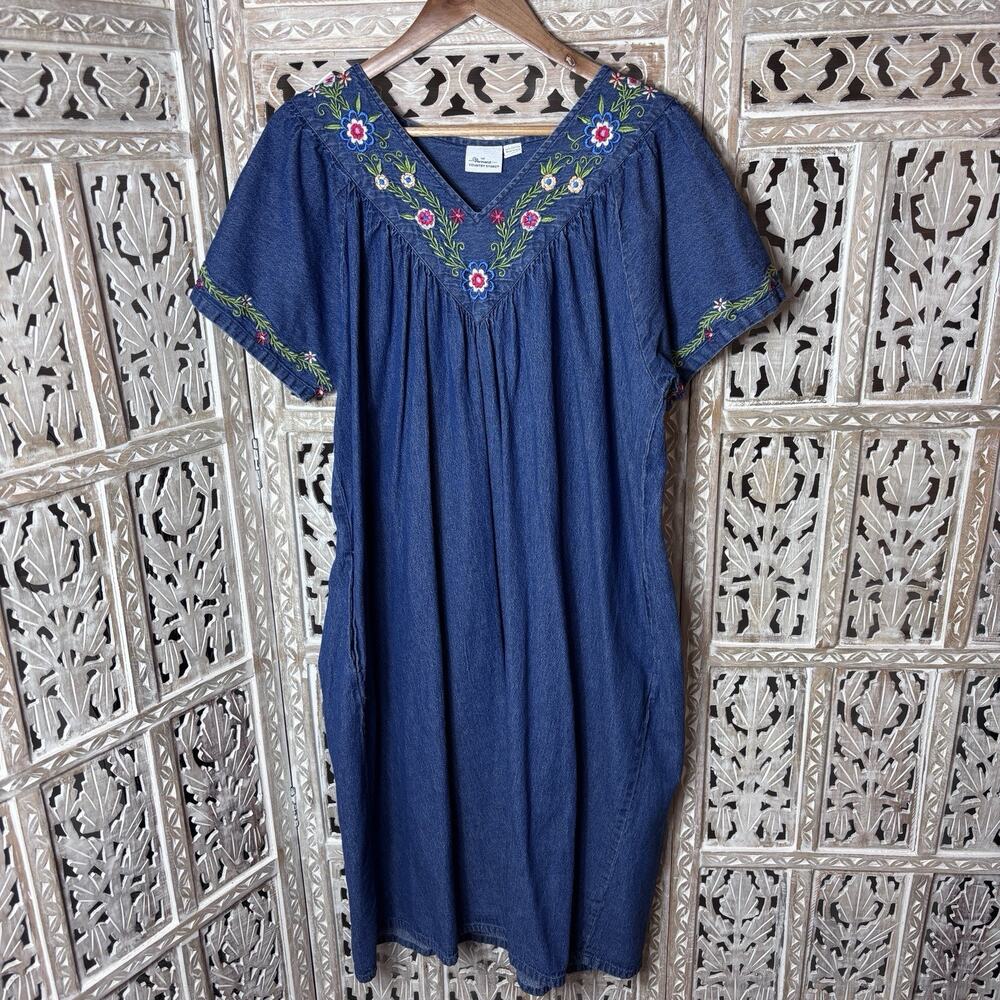 Y2K The Vermont Country Store Blue Denim Midi Dress Embroidered Cottagecore XL